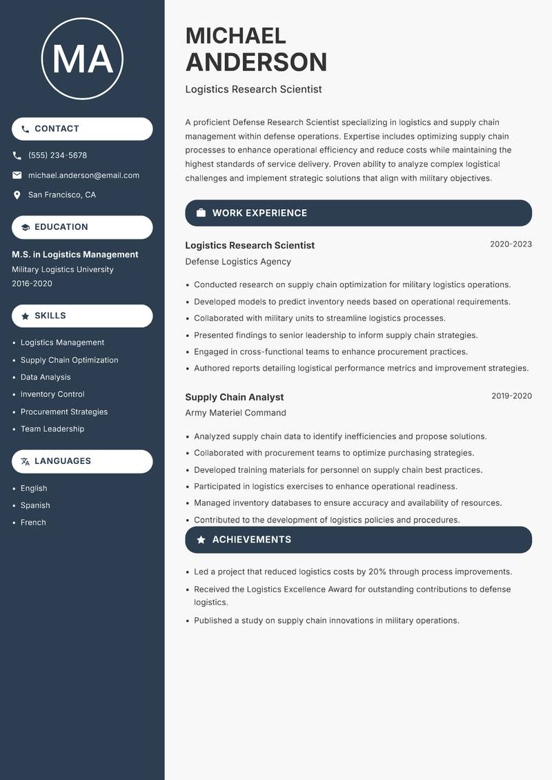 Defense Research Scientist Resume Preview Example