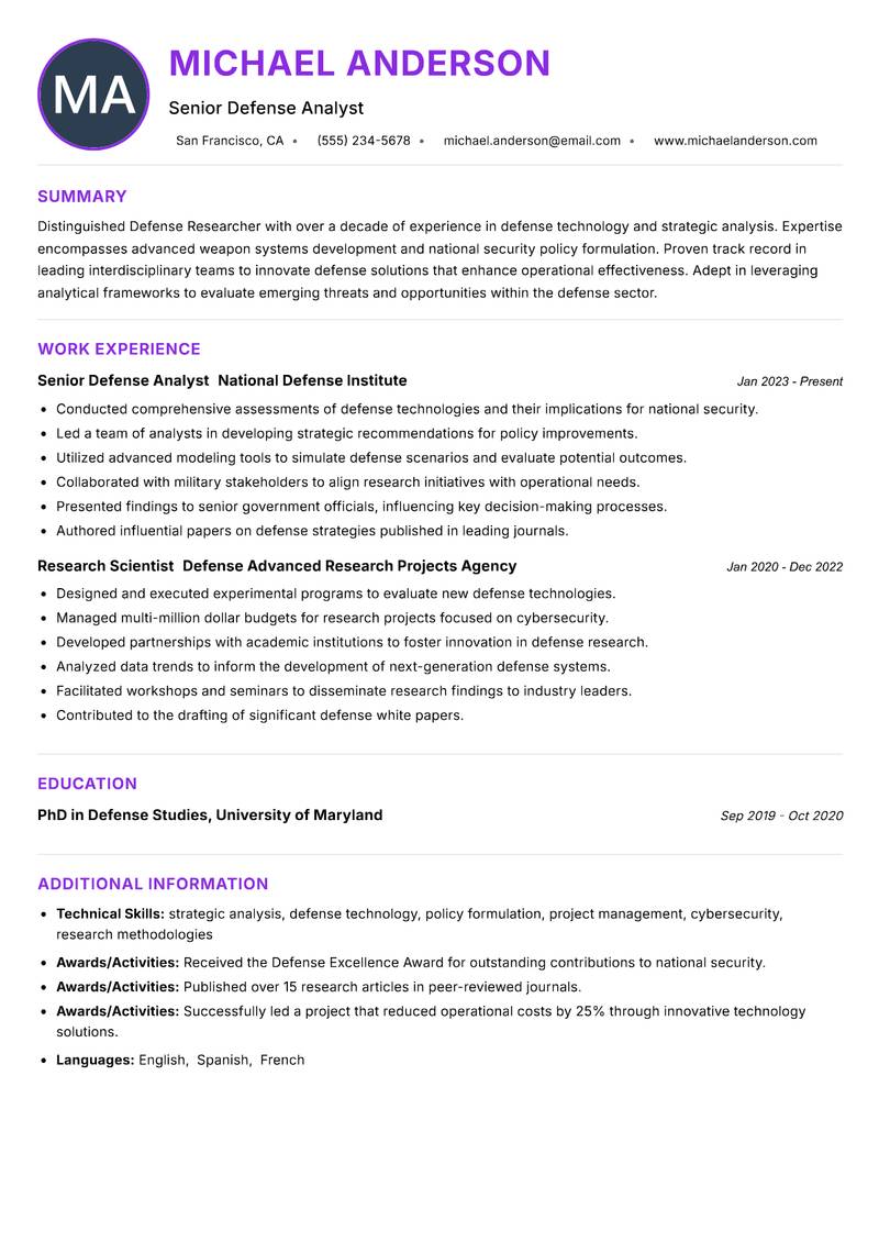 Defense Researcher Resume Preview Example