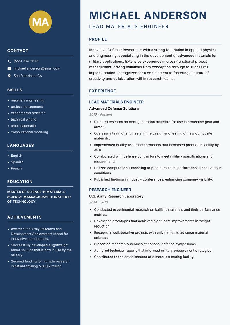 Defense Researcher Resume Preview Example