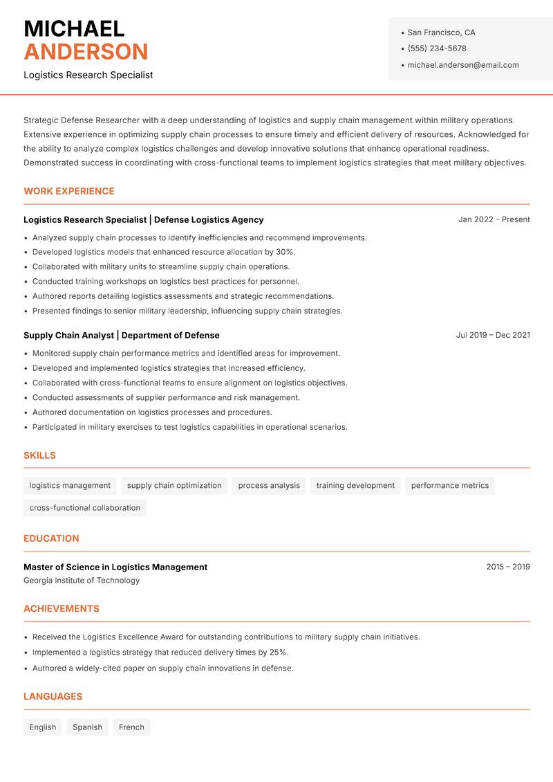 Defense Researcher Resume Template