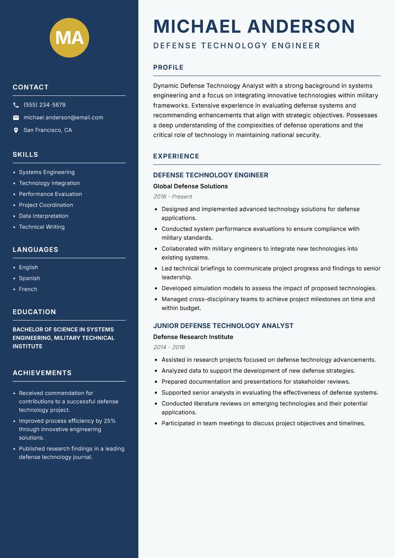 Defense Technology Analyst Resume Preview Example