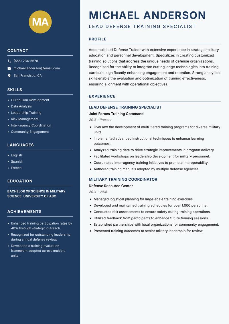 Defense Trainer Resume Preview Example