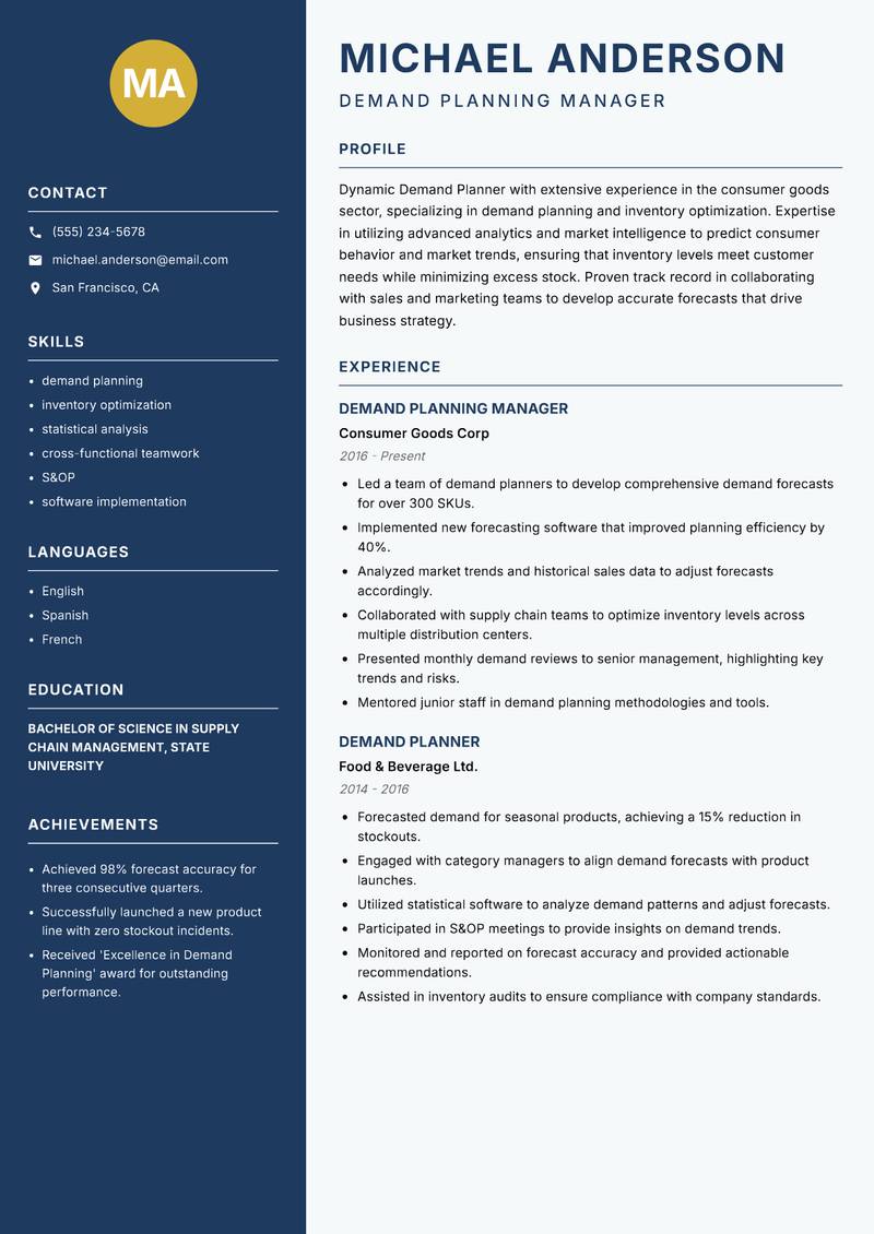 Demand Planner Resume Preview Example