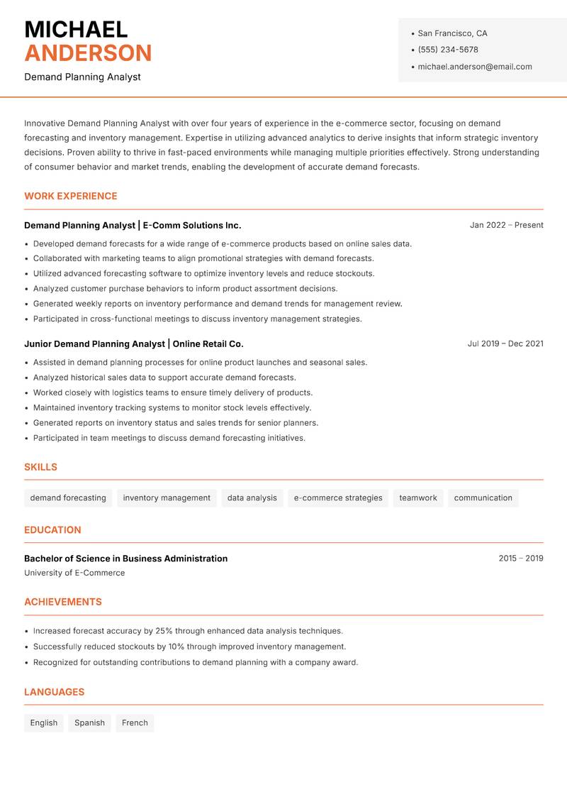 Demand Planning Analyst Resume Template