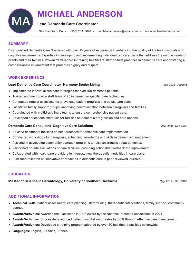 Dementia Care Specialist Resume Preview Example