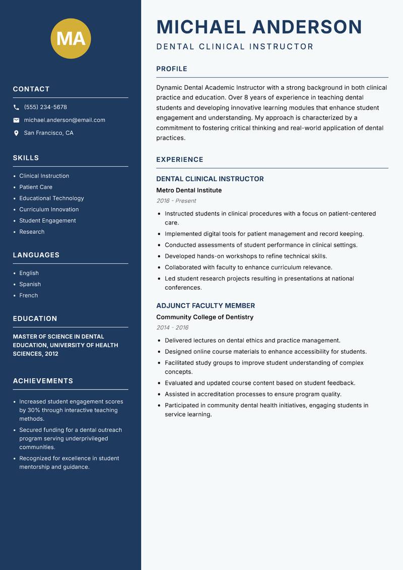 Dental Academic Instructor Resume Preview Example