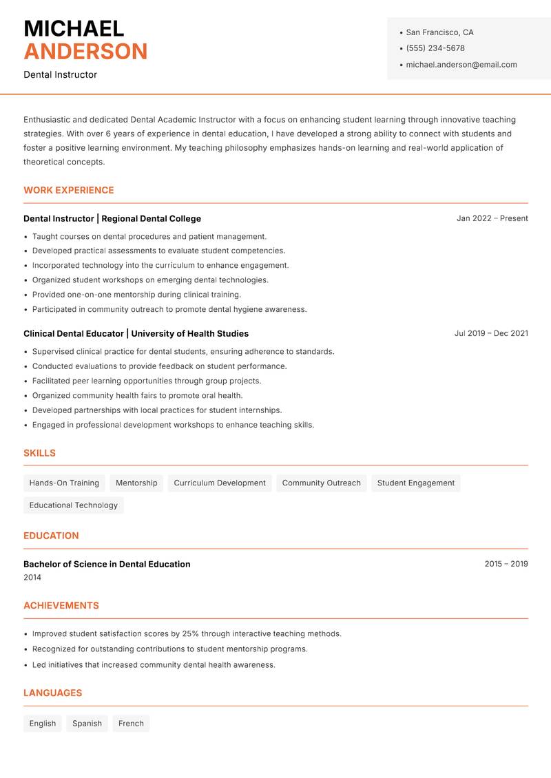 Dental Academic Instructor Resume Template