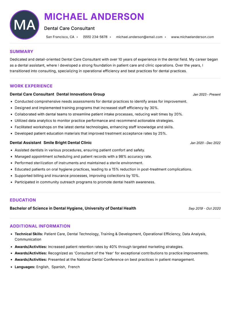 Dental Care Consultant Resume Preview Example