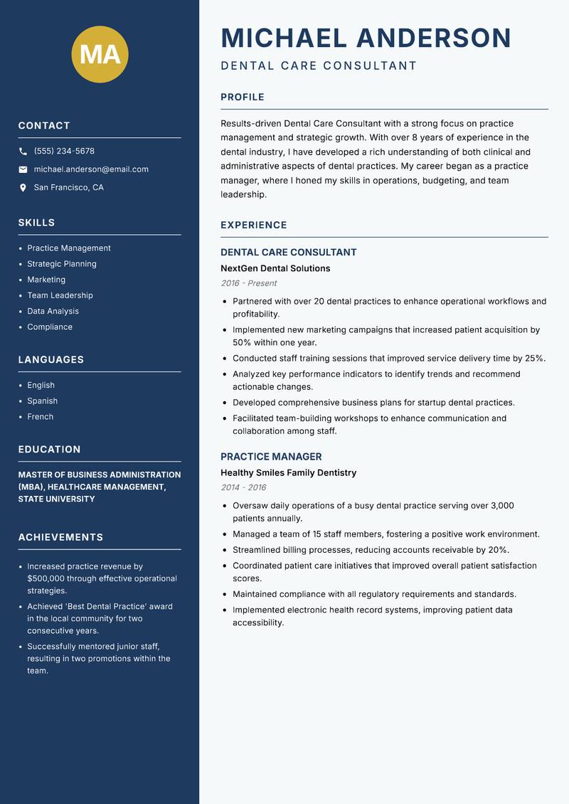 Dental Care Consultant Resume Preview Example