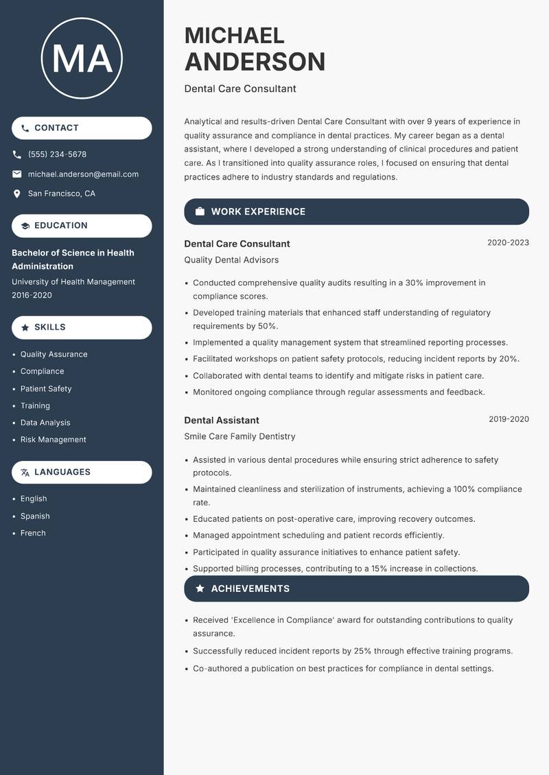 Dental Care Consultant Resume Preview Example