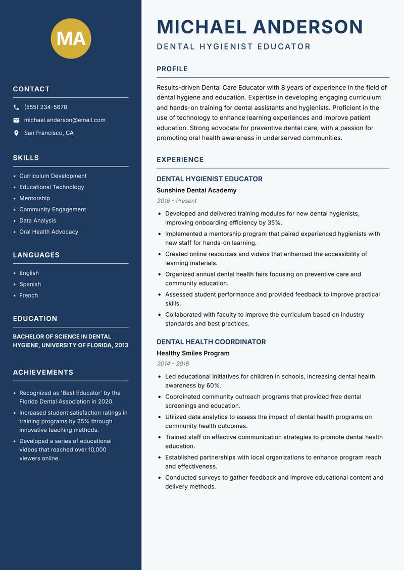 Dental Care Educator Resume Preview Example