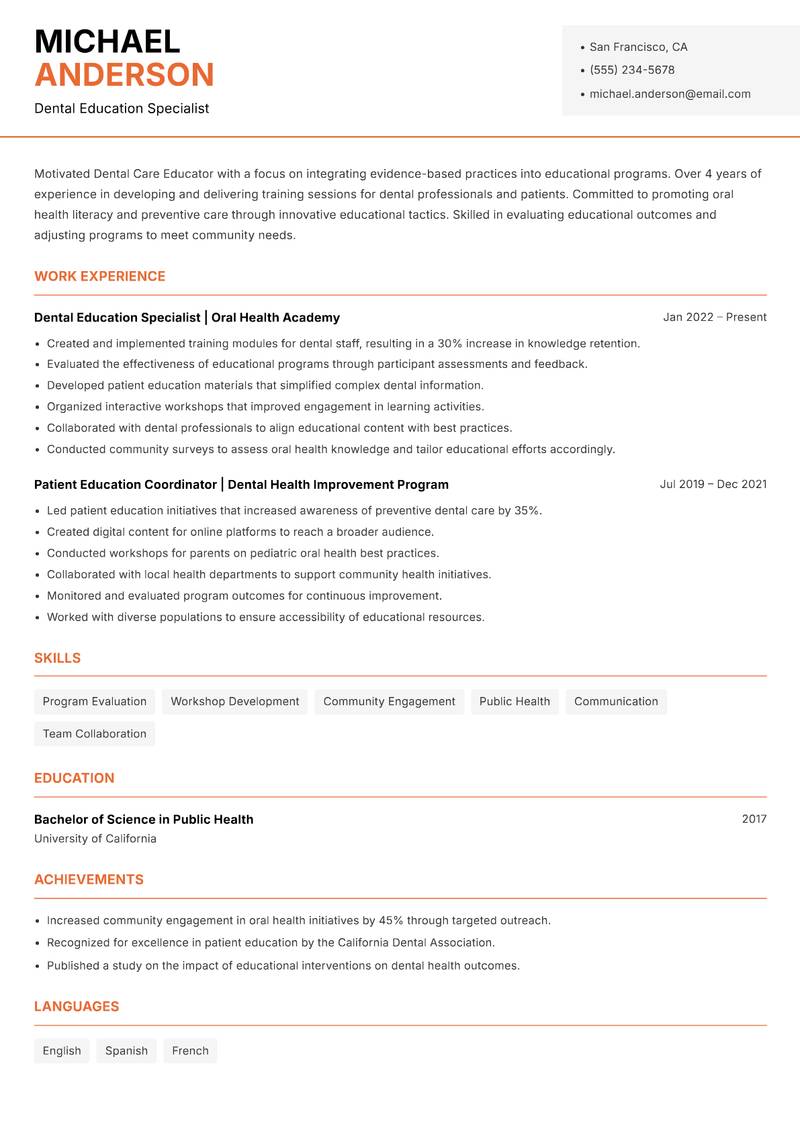 Dental Care Educator Resume Template