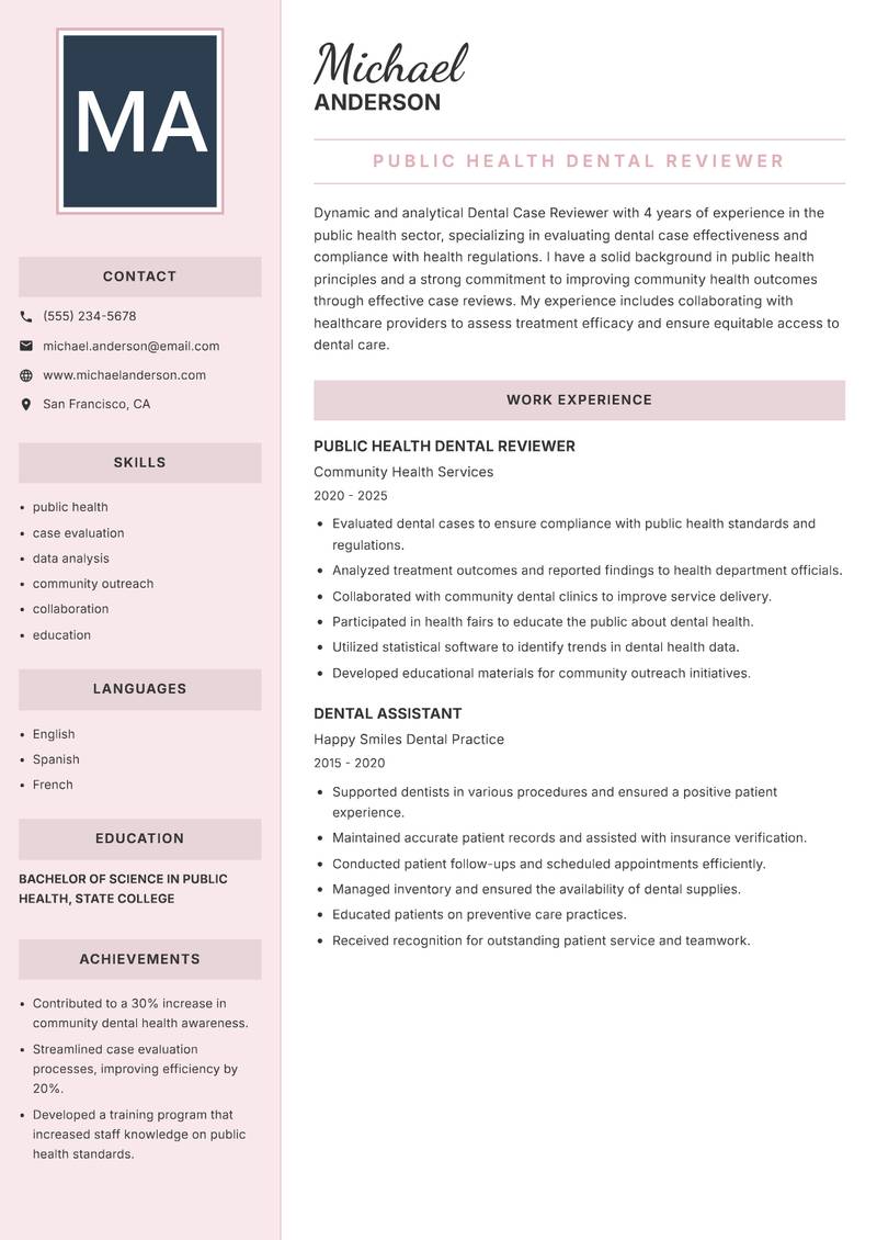 Dental Case Reviewer Resume Preview Example