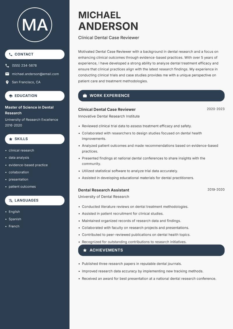 Dental Case Reviewer Resume Preview Example