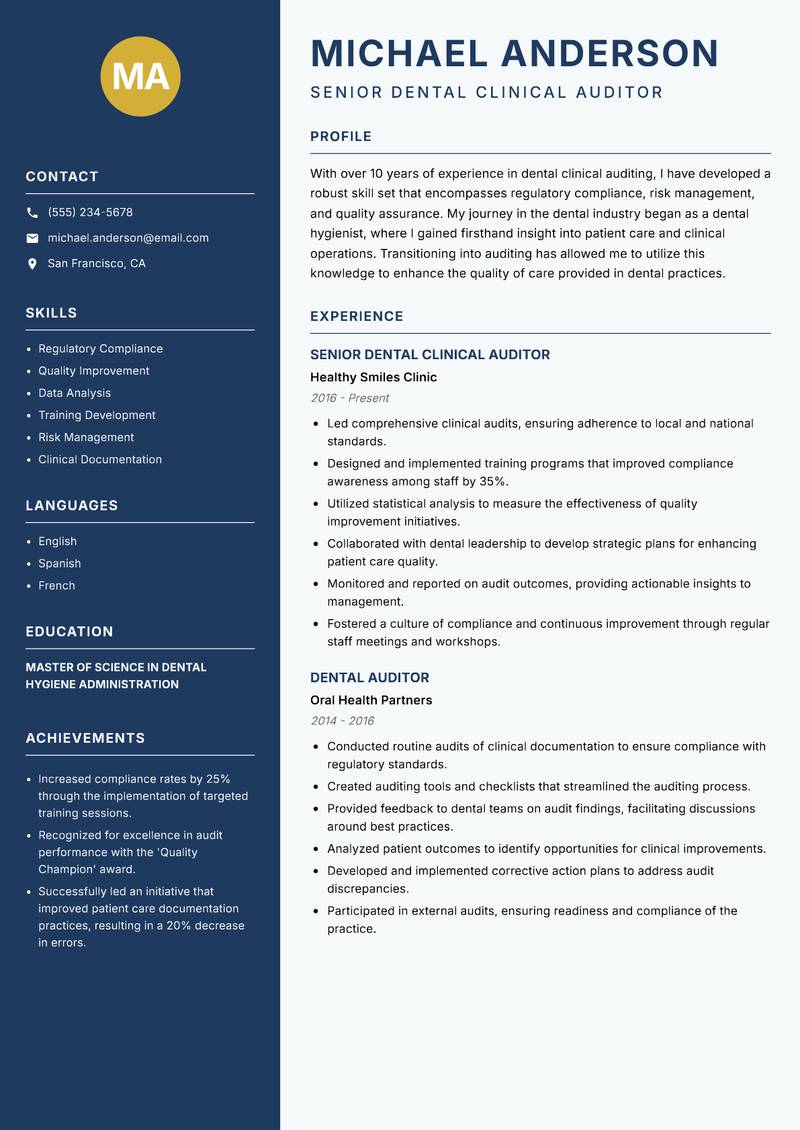 Dental Clinical Auditor Resume Preview Example