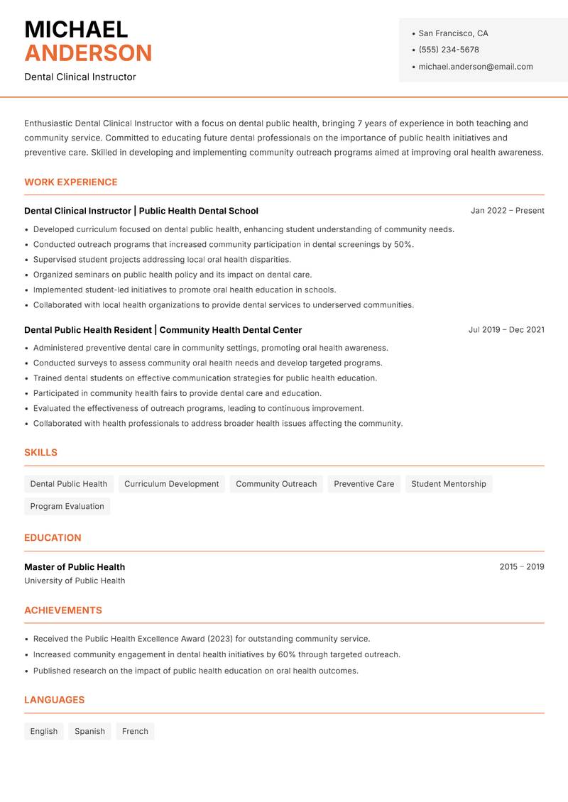 Dental Clinical Instructor Resume Template