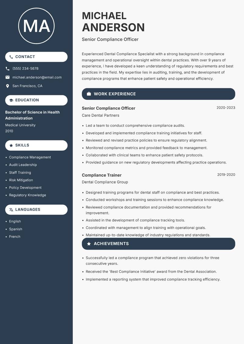 Dental Compliance Specialist Resume Preview Example