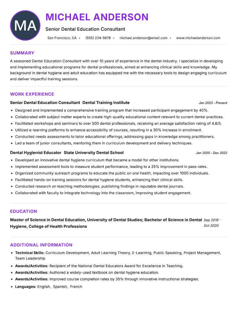 Dental Education Consultant Resume Preview Example