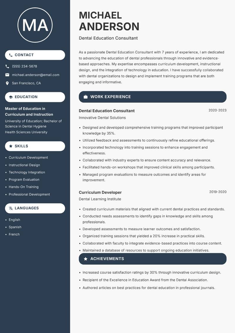 Dental Education Consultant Resume Preview Example