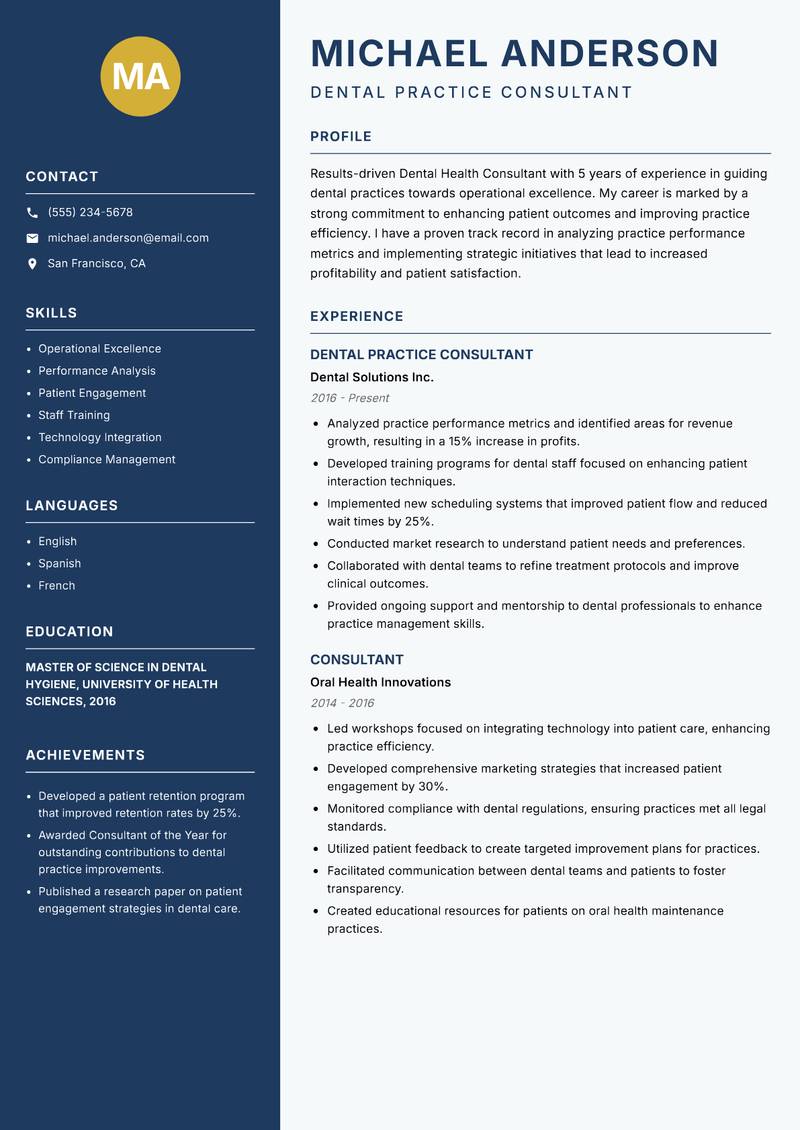 Dental Health Consultant Resume Preview Example
