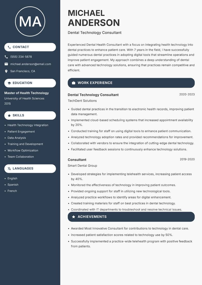 Dental Health Consultant Resume Preview Example