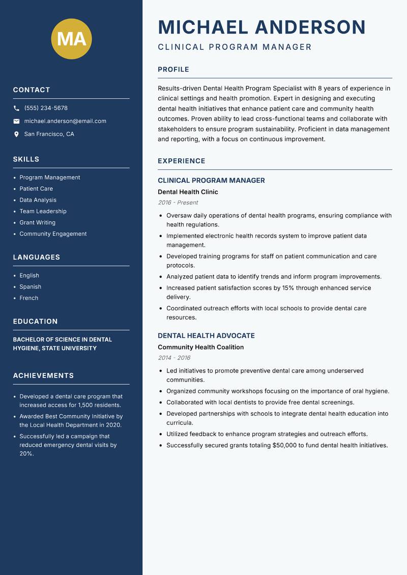 Dental Health Program Specialist Resume Preview Example