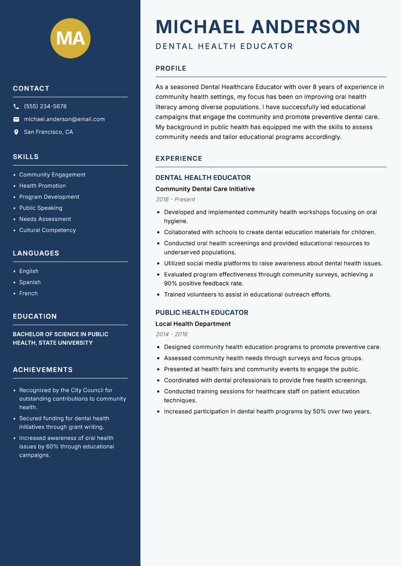 Dental Healthcare Educator Resume Preview Example