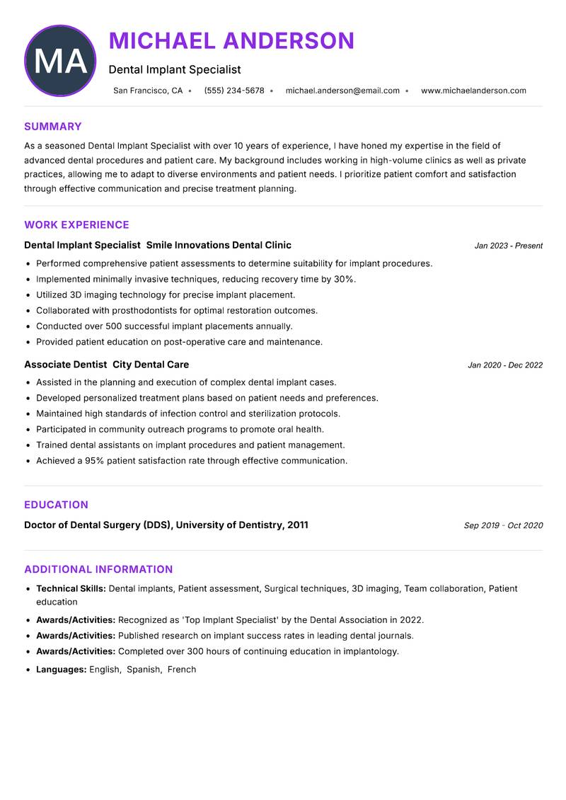 Dental Implant Specialist Resume Preview Example