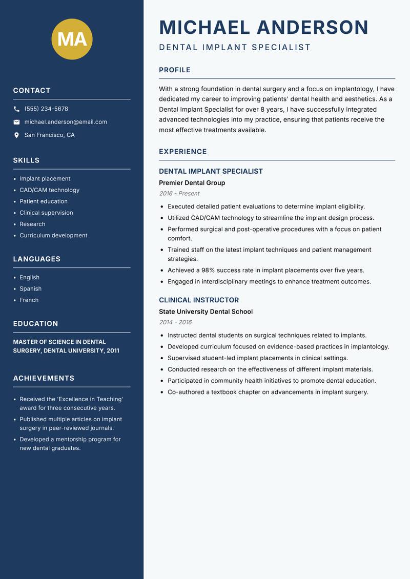 Dental Implant Specialist Resume Preview Example