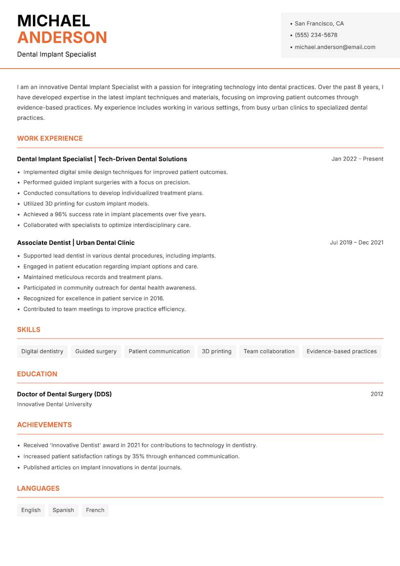Dental Implant Specialist Resume Template