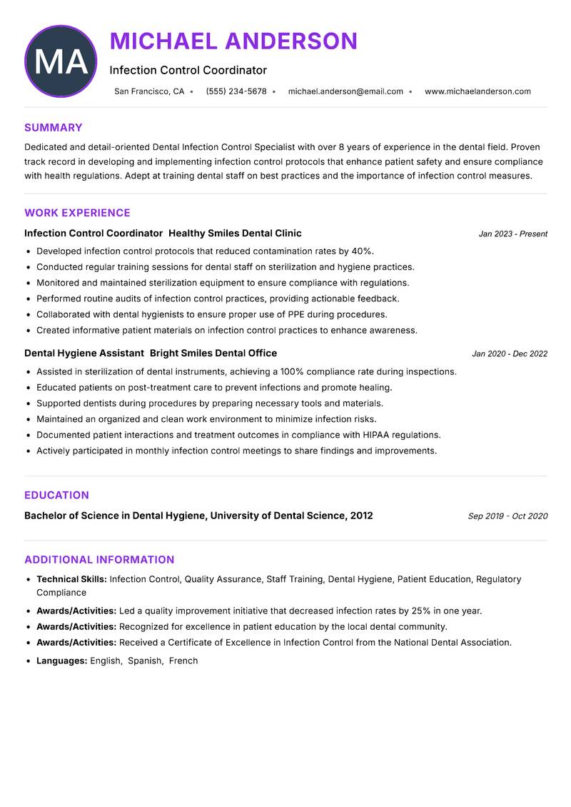 Dental Infection Control Specialist Resume Preview Example
