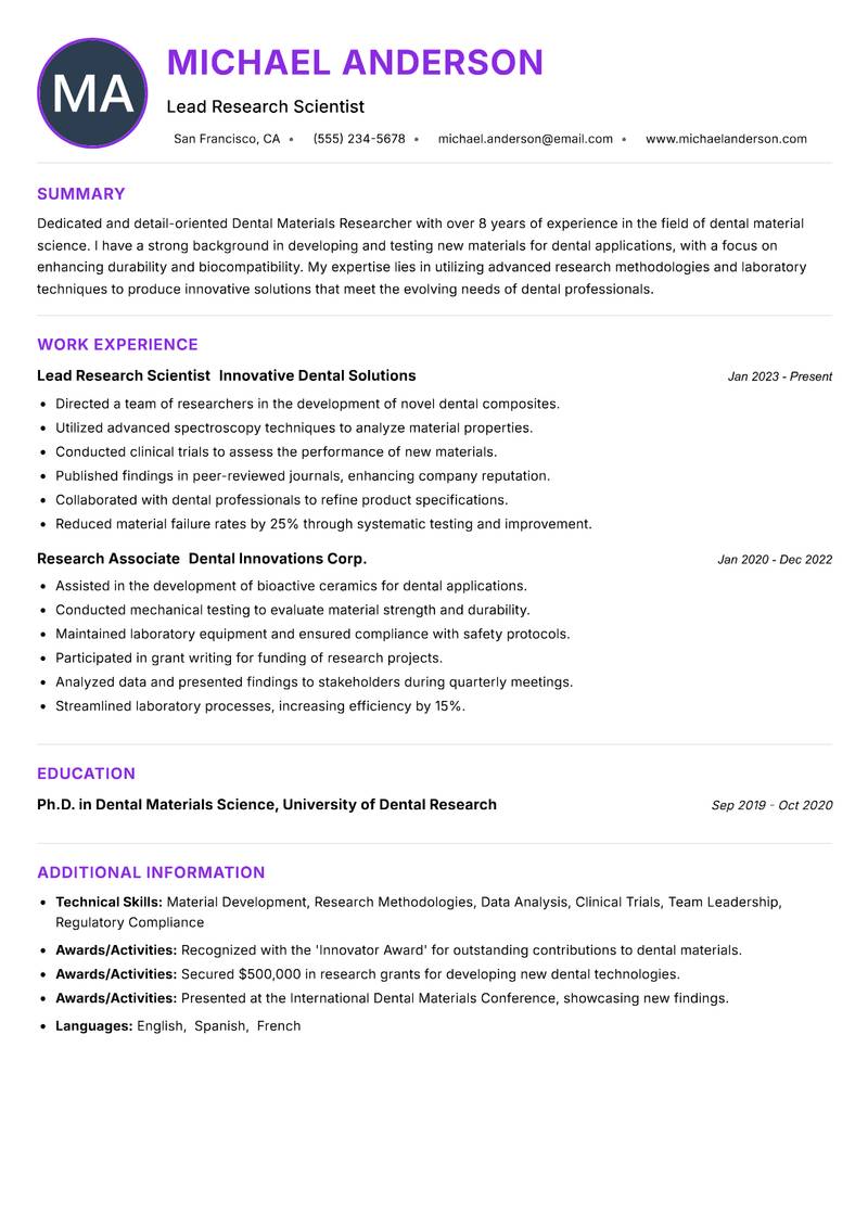 Dental Materials Researcher Resume Preview Example