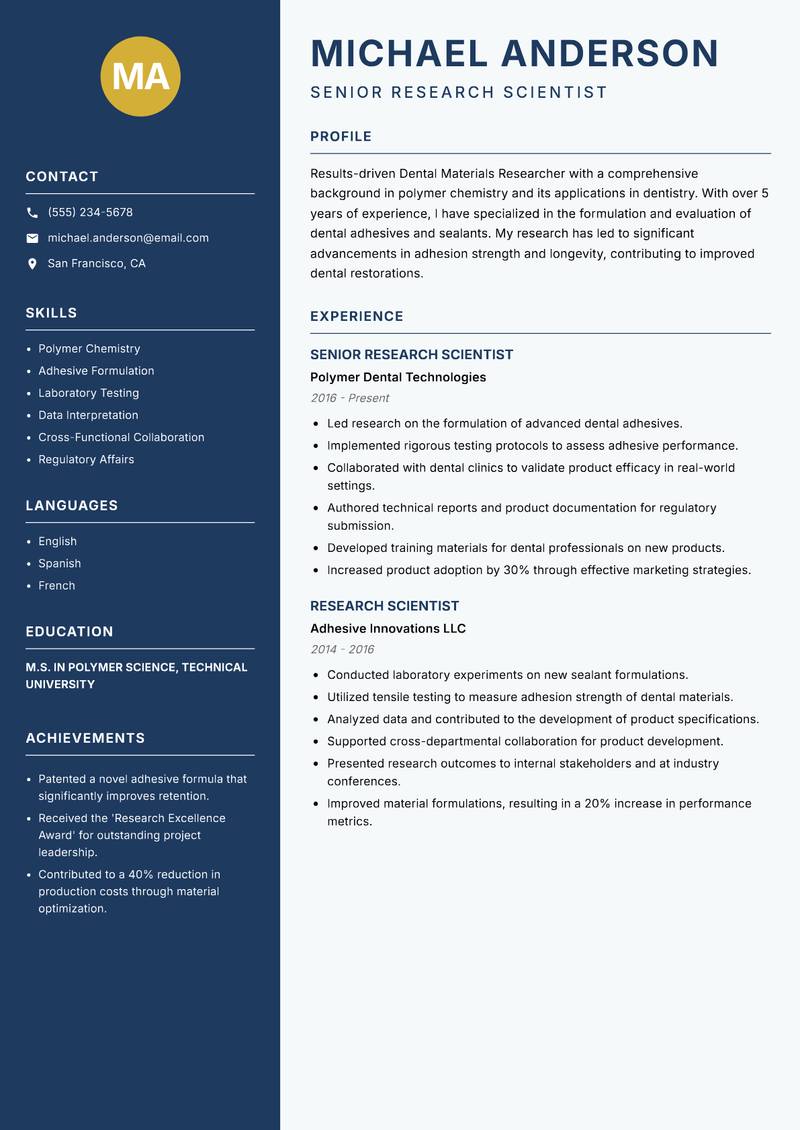 Dental Materials Researcher Resume Preview Example