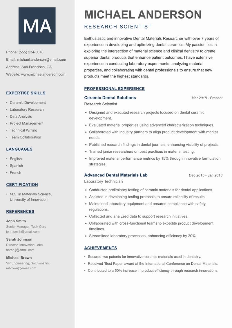 Dental Materials Researcher Resume Preview Example