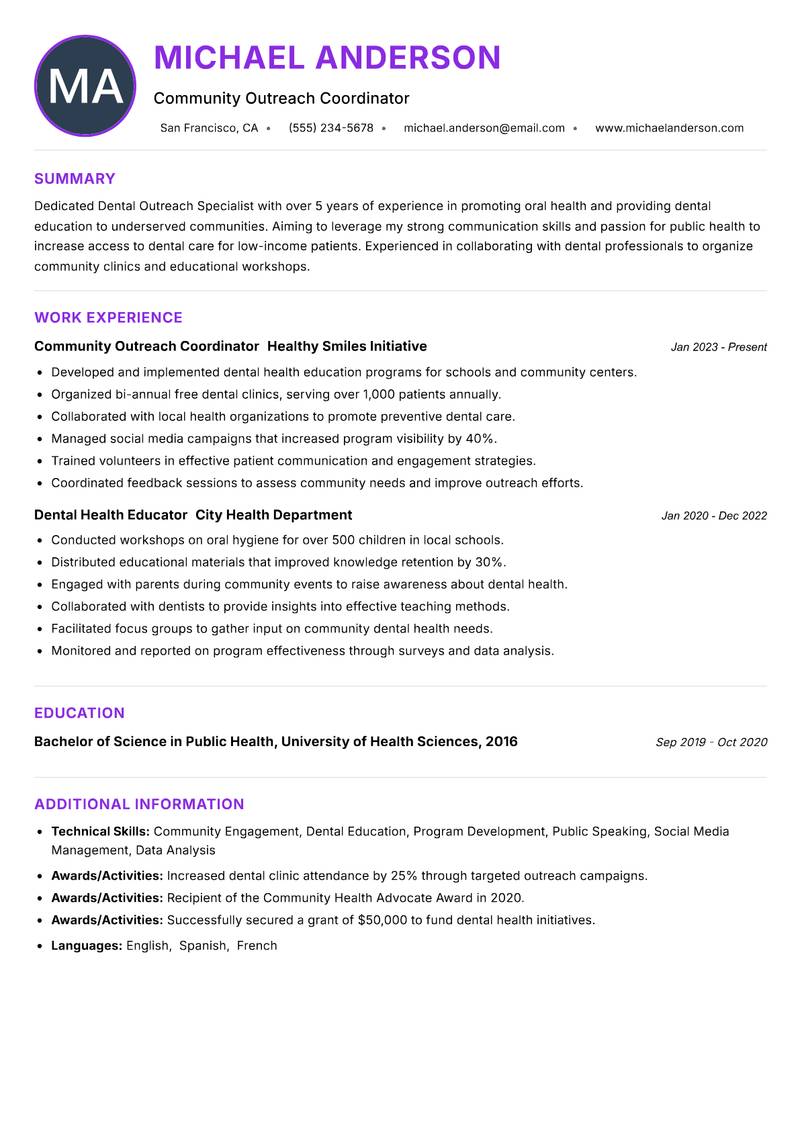 Dental Outreach Specialist Resume Preview Example