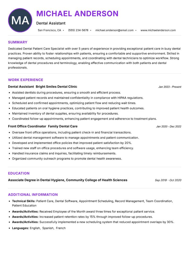 Dental Patient Care Specialist Resume Preview Example