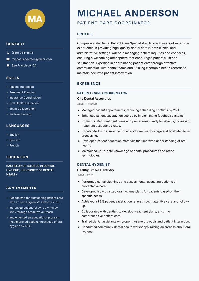 Dental Patient Care Specialist Resume Preview Example