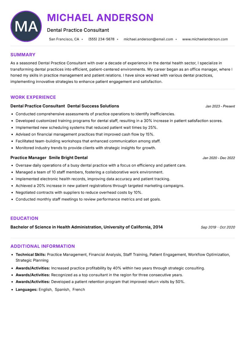 Dental Practice Consultant Resume Preview Example
