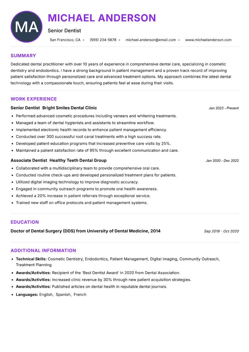 Dental Practitioner Resume Preview Example