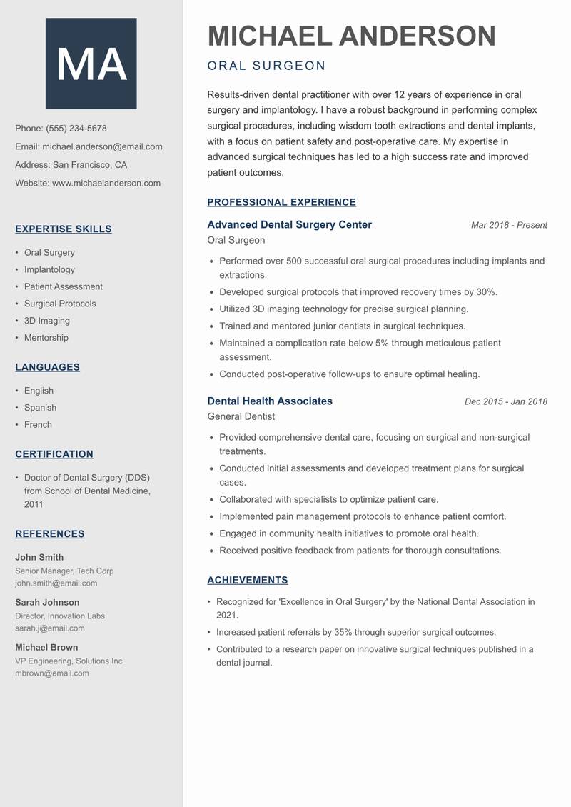 Dental Practitioner Resume Preview Example