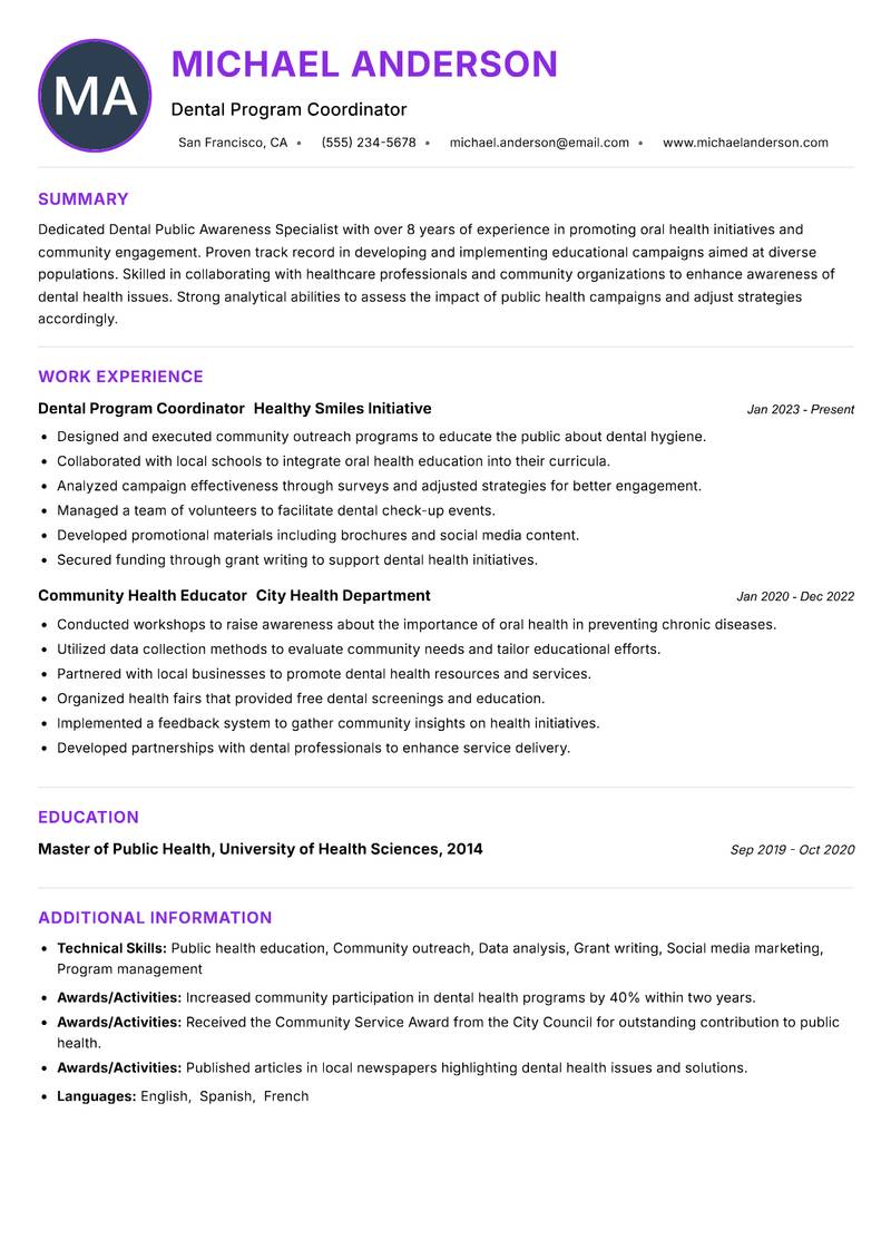 Dental Public Awareness Specialist Resume Preview Example