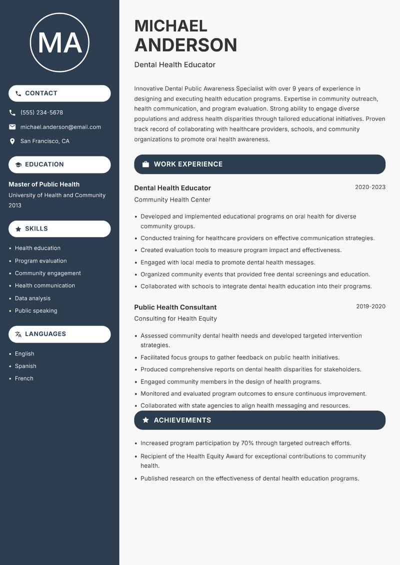 Dental Public Awareness Specialist Resume Preview Example