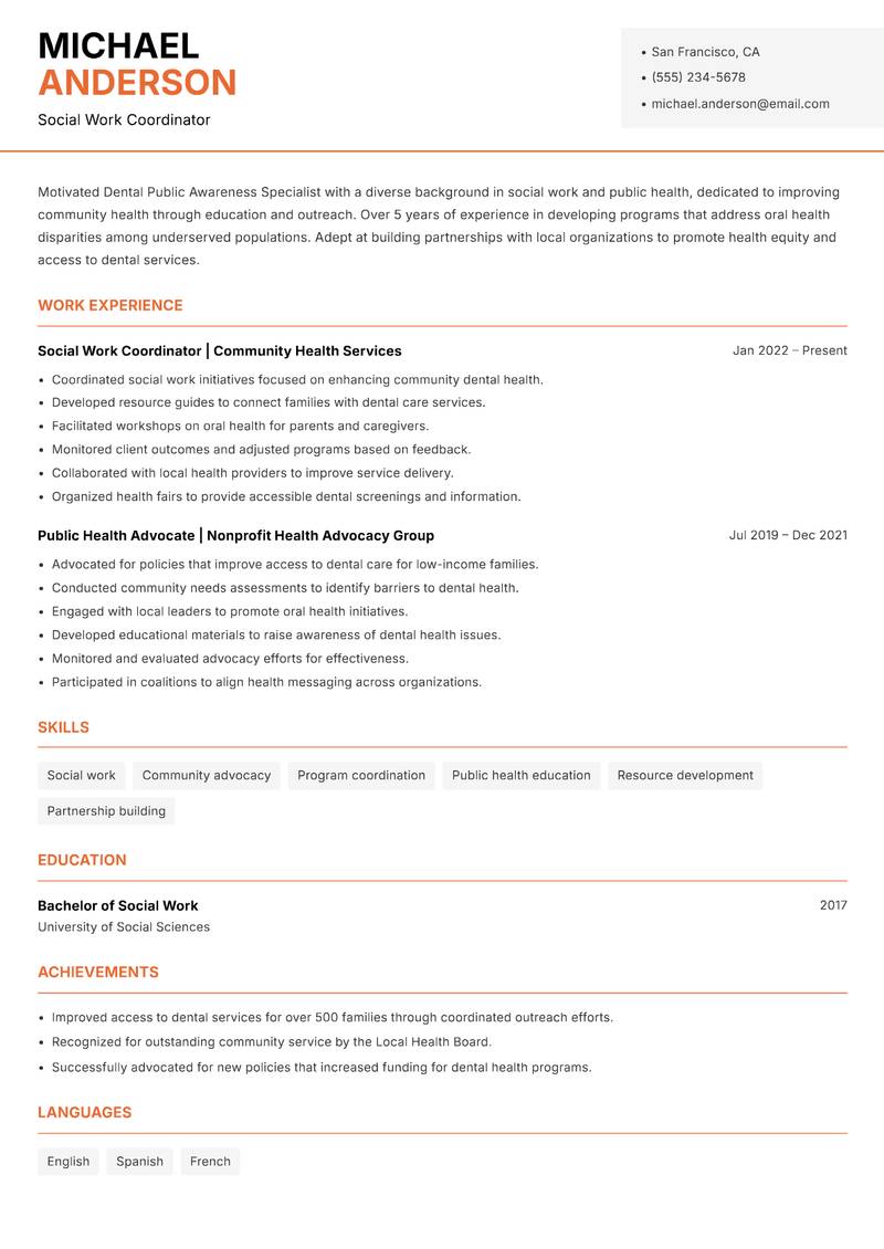 Dental Public Awareness Specialist Resume Template