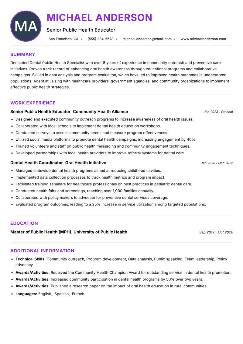 Dental Public Health Specialist Resume Preview Example