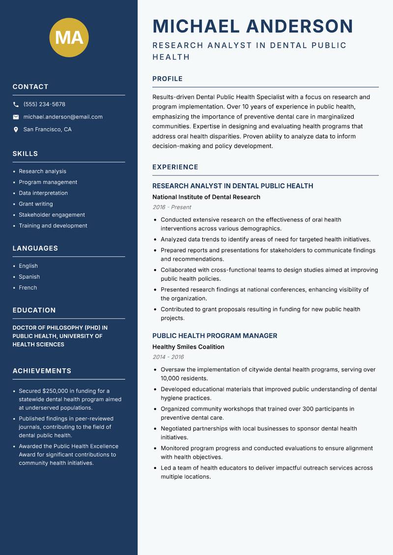 Dental Public Health Specialist Resume Preview Example