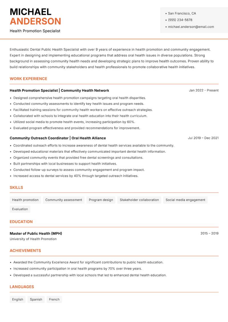 Dental Public Health Specialist Resume Template