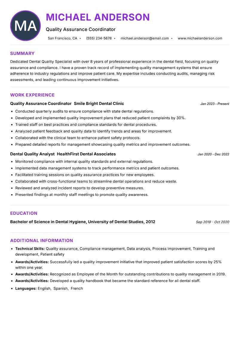 Dental Quality Specialist Resume Preview Example