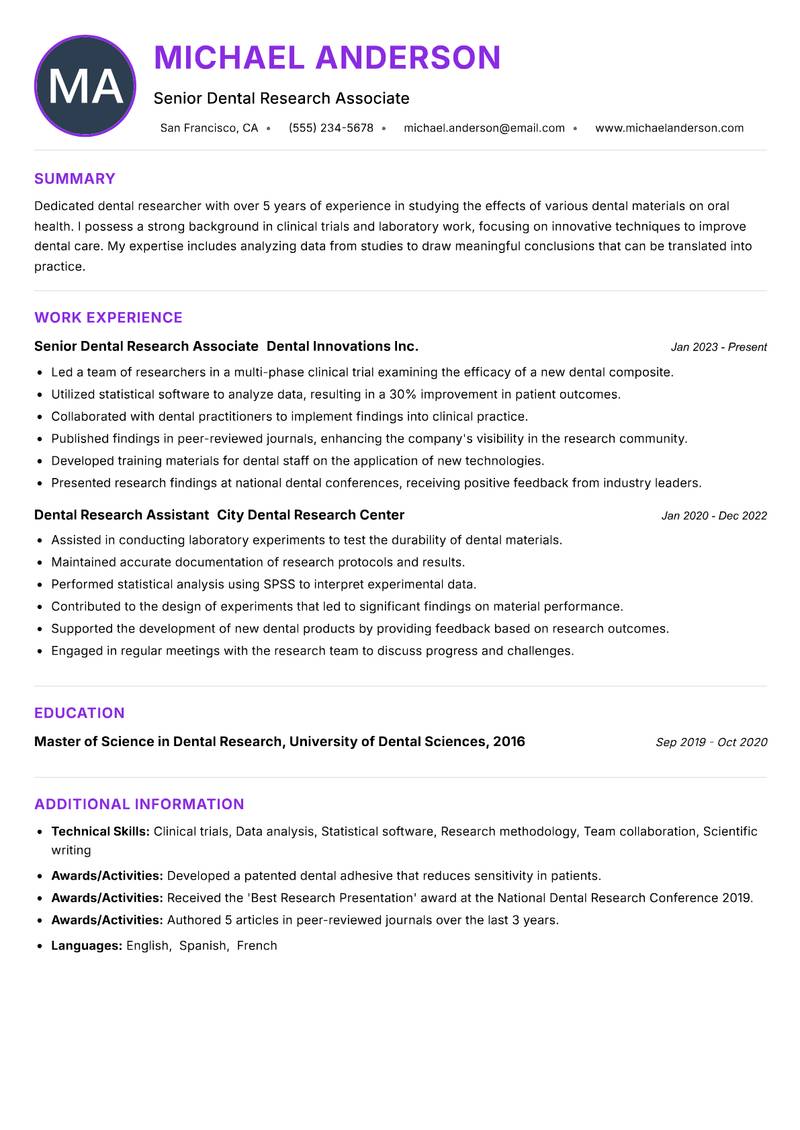 Dental Researcher Resume Preview Example