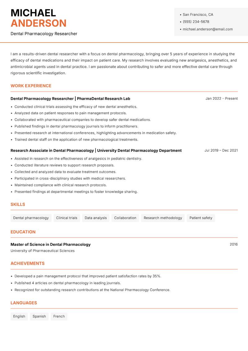 Dental Researcher Resume Template