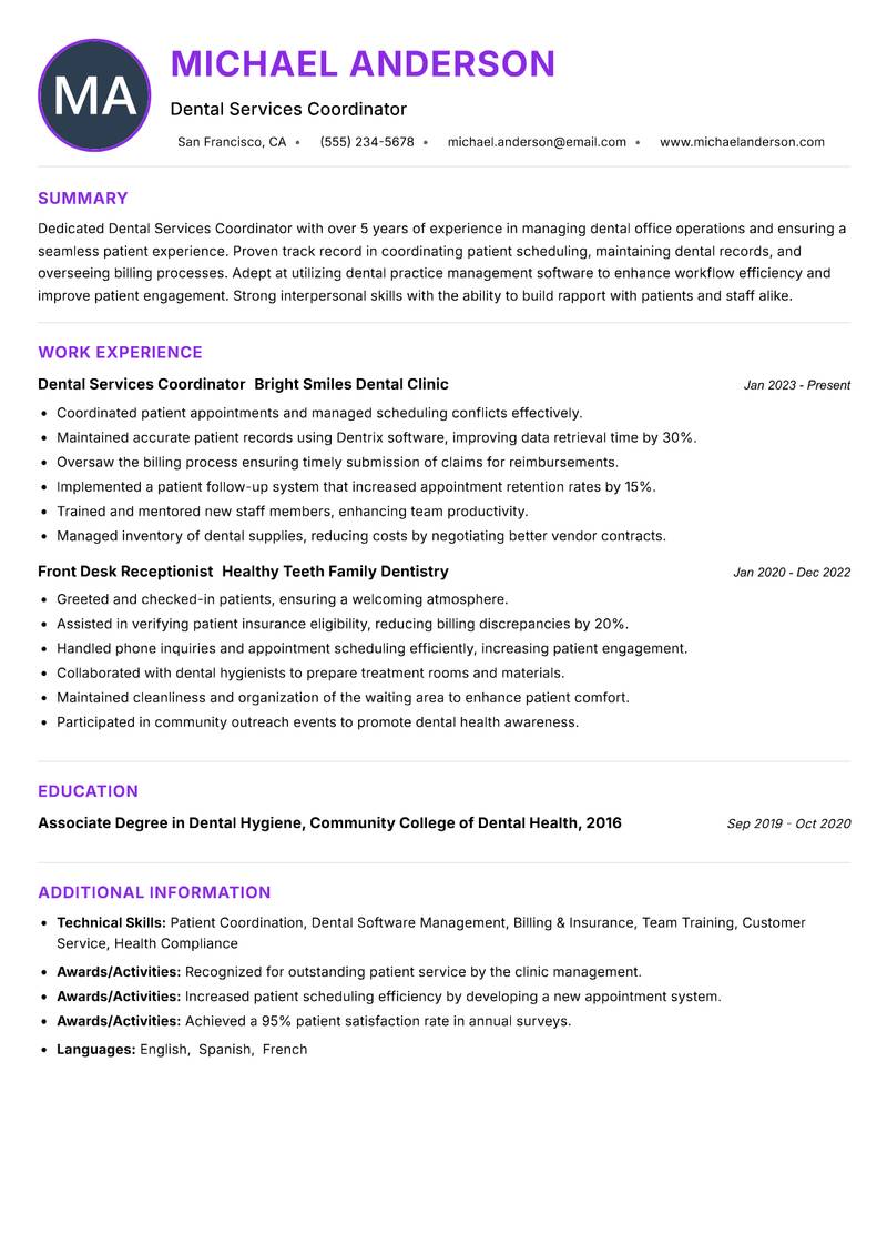 Dental Services Coordinator Resume Preview Example